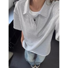 批发【假两件 华夫格】翻领polo衫短袖t恤女男夏季美式体恤半截袖上衣