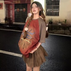 批发纯棉】插肩后祺撞色印花<b class='q'>短袖</b><b class='q'>t</b><b class='q'>恤</b>女2026夏季新款宽松休闲百搭上衣