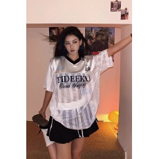 批发美式黑衣街头泽西风条纹拼接运动球服男女夏季V领宽松短袖<b class='q'>T</b><b class='q'>恤</b>上衣