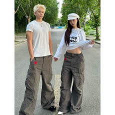 批发原版布刺绣工艺】格纹大口袋伞兵裤工装裤<b class='q'>男</b>女设计感小众宽松长裤