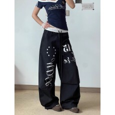 批发【塔丝隆速干面料工艺印花】<b class='q'>休闲裤</b><b class='q'>男</b>女春夏新款直筒宽松阔腿长裤