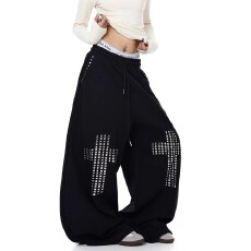 批发烫钻柳 华棉复合牛奶丝】十字架铆钉直筒卫裤<b class='q'>男</b>女潮牌宽松阔腿裤