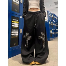 批发烫钻柳 华棉复合牛奶丝十字架铆钉直筒卫裤<b class='q'>男</b>女潮牌宽松阔腿裤