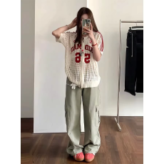 批发镂空字母绣花<b class='q'>针织衫</b>】美式港麦球衣<b class='q'>宽松</b>设计感T恤女夏季短袖上衣