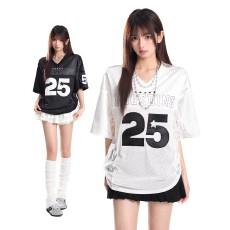 批发美式数字球衣缎面短袖<b class='q'>T</b><b class='q'>恤</b>女夏季宽松<b class='q'>运动</b>风蕾丝烫钻V领上衣情侣潮