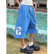 批发美式国潮做旧字母印花阔腿<b class='q'>七分裤</b>男<b class='q'>女</b>宽松休闲运动风松紧腰七分潮