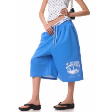 批发美式国潮做旧字母印花阔腿<b class='q'>七分裤</b>男<b class='q'>女</b>宽松休闲运动风松紧腰短裤