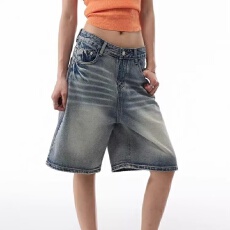 批发夏季十八先生美式复古做旧水洗<b class='q'>牛仔裤</b>女男宽松cleanfit阔腿短裤夏
