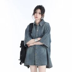 批发复古洗水泥染牛仔<b class='q'>衬衫</b>】水洗几何短袖上衣男女半袖小众宽松<b class='q'>衬衣</b>夏