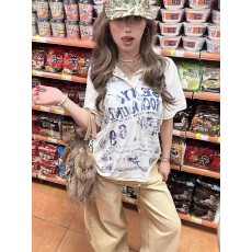 批发索罗娜，猫眼扣短袖polo衫女夏季字母印花正肩<b class='q'>t</b><b class='q'>恤</b>宽松高级感上衣