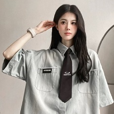 批发【洗水做旧<b class='q'>牛仔</b>衬衫】设计感OOTD短袖衬衫男女同款学院风磨白领带