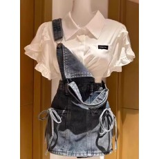 批发上衣+背带裙】polo领短袖衬衫<b class='q'>牛仔</b>裙两件套女2026绝美夏季小套装