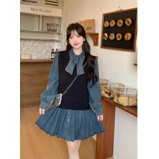 批发美式复古<b class='q'>牛仔</b>拼接蝴蝶结百褶连衣裙女春夏2026新款收腰a字衬衫裙