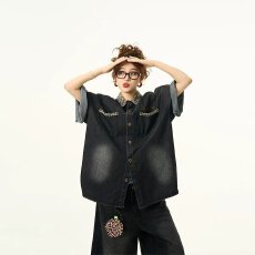 批发复古气质牛仔短袖<b class='q'>衬衫</b>女男夏季宽松休闲<b class='q'>衬衣</b>韩系潮流痞帅半袖上衣