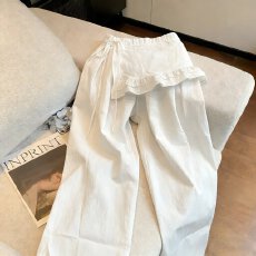 批发韩版时尚简约白色直筒休闲裤男女春<b class='q'>秋</b>别致假两件拼接宽松阔腿长裤