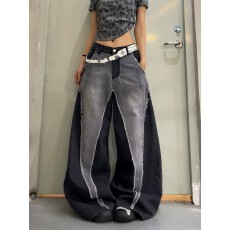 批发小众高街先生设计感撞色拼接毛边水洗<b class='q'>牛仔裤</b>男女春夏宽松阔腿长裤