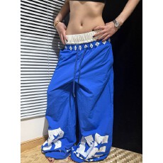 批发塔丝隆加厚复合】美式双腰头撞色字母印花弯刀伞兵裤<b class='q'>男</b>女阔腿<b class='q'>长裤</b>
