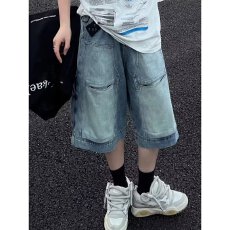 批发夏季气质<b class='q'>短裤</b>宽松大口袋七分牛仔裤女<b class='q'>男</b>阔腿工装设计水洗做旧复古