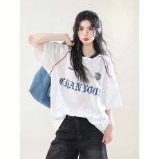批发美式几何复古<b class='q'>街头</b>t恤男女2026款夏季橄榄球球衣短袖宽松休闲上衣