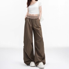 格纹蚂蚁拼接美式军绿褶皱阔腿休闲裤女复古高腰慵懒垂感百搭裤子