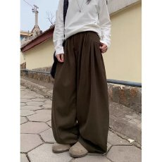 批发复古黄种人垂坠感宽松阔腿休闲裤男女松紧腰直筒垂感<b class='q'>百搭</b>弯刀西裤