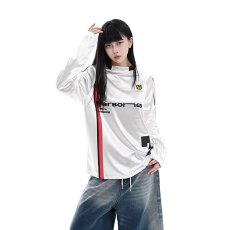 批发复古揭潮坊无帽圆领卫衣女美式赛车服插肩<b class='q'>长袖</b><b class='q'>t</b><b class='q'>恤</b>春秋冰球服外套