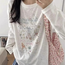 批发韩系上上签芭蕾风印花雪花棉<b class='q'>长袖</b><b class='q'>t</b><b class='q'>恤</b>女夏季薄款微透防晒罩衫上衣