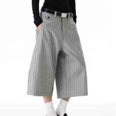 批发条纹十八先生休闲松紧短裤女男夏薄款<b class='q'>商务</b>直筒七分小西裤外穿中裤