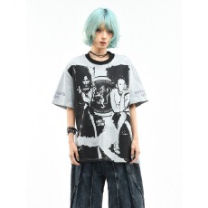 批发索罗娜220克】朋克黑衣人物印花短袖<b class='q'>T</b><b class='q'>恤</b>女夏宽松<b class='q'>嘻哈</b>摇滚半袖上衣
