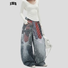 批发国潮牛仔领美式3D打印领带印花<b class='q'>牛仔裤</b>宽松阔腿长裤子男女夏季裤子