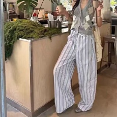 批发美式黄种人复古老钱风条纹西裤<b class='q'>男</b>女情侣垂感高级慵懒风<b class='q'>裤子</b>休闲裤