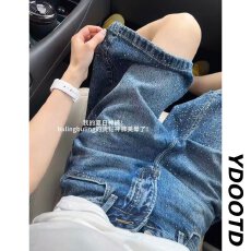 批发高腰乐万邦<b class='q'>水洗</b>弯刀牛仔短裤女夏季宽松显瘦阔腿直筒五分牛仔中裤