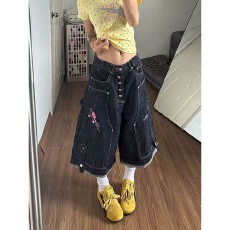 批发夏季新概念复古原色宽松直筒牛仔裤男女排扣工装设计阔腿七分裤子