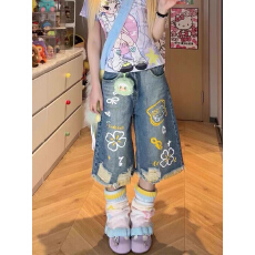 批发美式卡通涂鸦破洞<b class='q'>印花</b>牛仔七分中裤女2026夏季新款复古休闲<b class='q'>短裤</b>潮