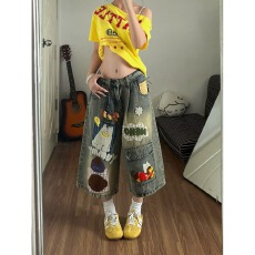 批发美式新汇佳涂鸦印花牛仔<b class='q'>短裤</b><b class='q'>男</b>女夏季宽松直筒六分裤潮新款中裤子