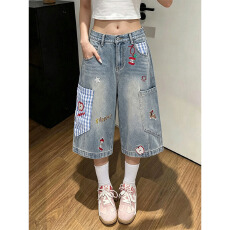 批发格子潮鲤刺绣七分牛仔裤女夏季薄款慵懒阔腿直筒工装短裤子潮中裤