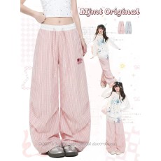 批发韩系V元素休闲格子抽绳阔腿裤女2026夏高腰显瘦宽松松弛感拖地裤