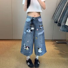 批发复古新汇佳重工卡通牛仔七分裤女夏季<b class='q'>松紧腰</b>百搭休闲大码阔腿裤子