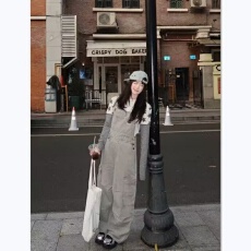 批发美式二罗工装背带裤<b class='q'>女</b>春夏新款阔腿裤高腰<b class='q'>宽松</b>显瘦多口袋连体长裤