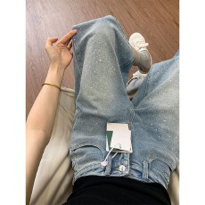 批发浅色KNKP<b class='q'>烫钻</b>牛仔七分裤女夏季大码胖mm宽松显瘦梨形身材阔腿裤子