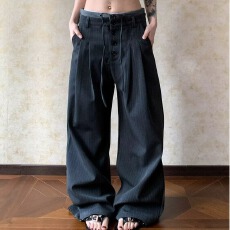 批发春秋新概念复古竖条纹垂感直筒西裤男女美式宽松感高级百搭<b class='q'>休闲裤</b>