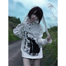 批发y2k气质先生亚文化长袖<b class='q'>t</b><b class='q'>恤</b>男女秋古堡印花宽松v领卫衣视觉系上衣