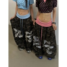 批发纯棉复合+印花+撞裤头】撞色腰休闲裤男女宽松运动长裤阔腿裤夏秋