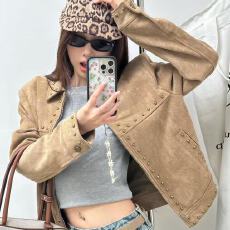 批发美式潮峰度复古辣妹铆钉机车服<b class='q'>外套</b>女秋街头高级感翻领廓形感<b class='q'>夹克</b>