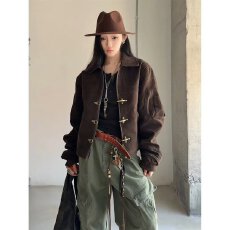 批发美式侠魁重磅鹿皮绒垫肩工装<b class='q'>外套</b><b class='q'>男</b>女2025秋冬翻领飞行<b class='q'>夹克</b>潮时尚