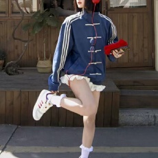 批发ins新派国潮三条杠拼接撞色新中式盘扣立领外套<b class='q'>男</b>女春秋<b class='q'>唐装</b>外套