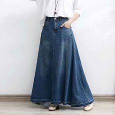 批发复古摩登蓝长款毛边牛仔半身裙女潮春秋高个子中高腰及踝<b class='q'>拖地</b><b class='q'>长裙</b>