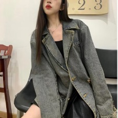 批发美式兴顺汇水洗破洞<b class='q'>西装</b>领牛仔夹克春秋慵懒风宽松百搭做旧外套潮
