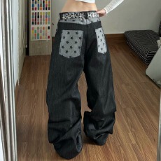 批发美式新概念做旧弯刀牛仔<b class='q'>裤</b>女街头<b class='q'>嘻哈</b>洗水重工宽松情侣阔腿<b class='q'>裤</b><b class='q'>长裤</b>