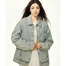 批发<b class='q'>街头</b>魔潮嘻哈刺绣翻领牛仔夹克女宽松做旧设计感扎染水洗褂子外套